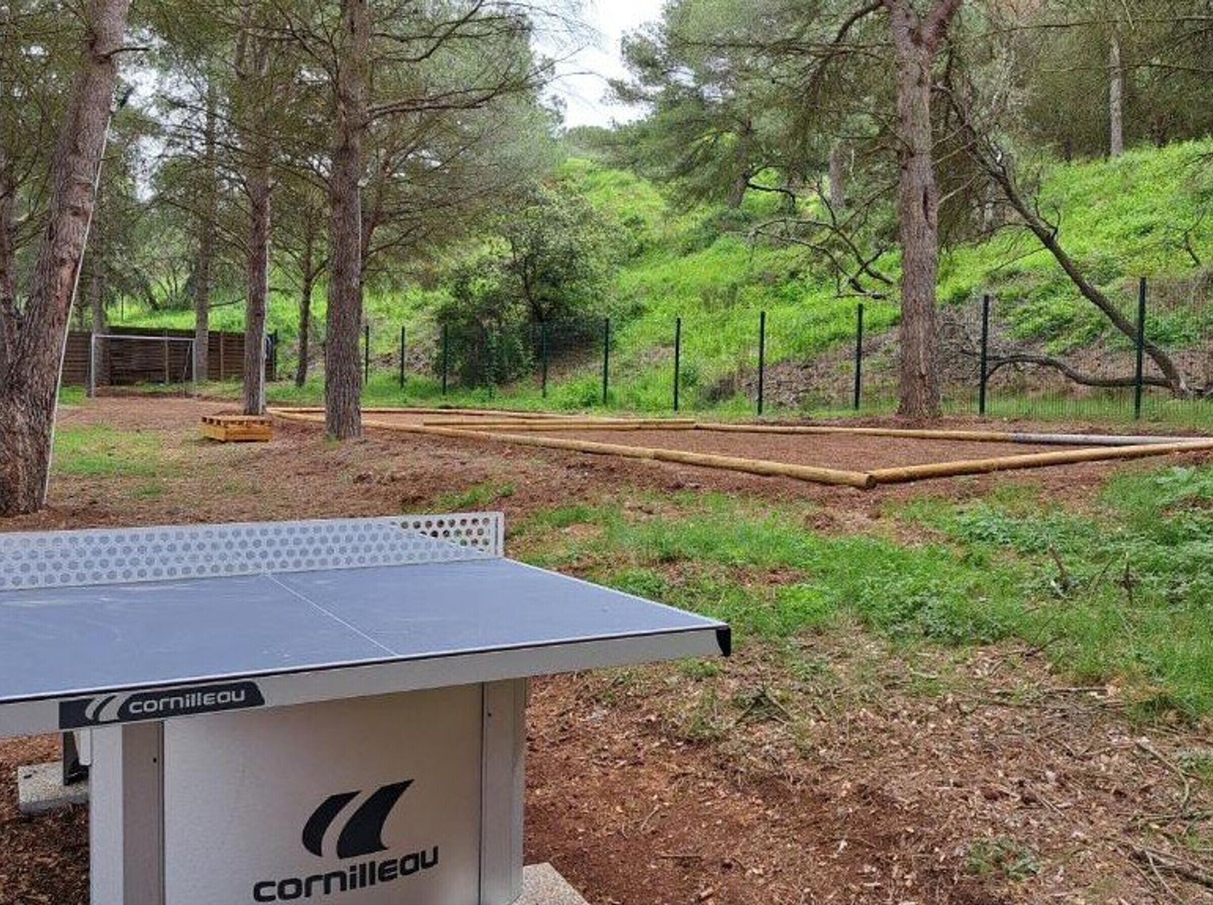 A table tennis table with a solar panel in a wooded area.