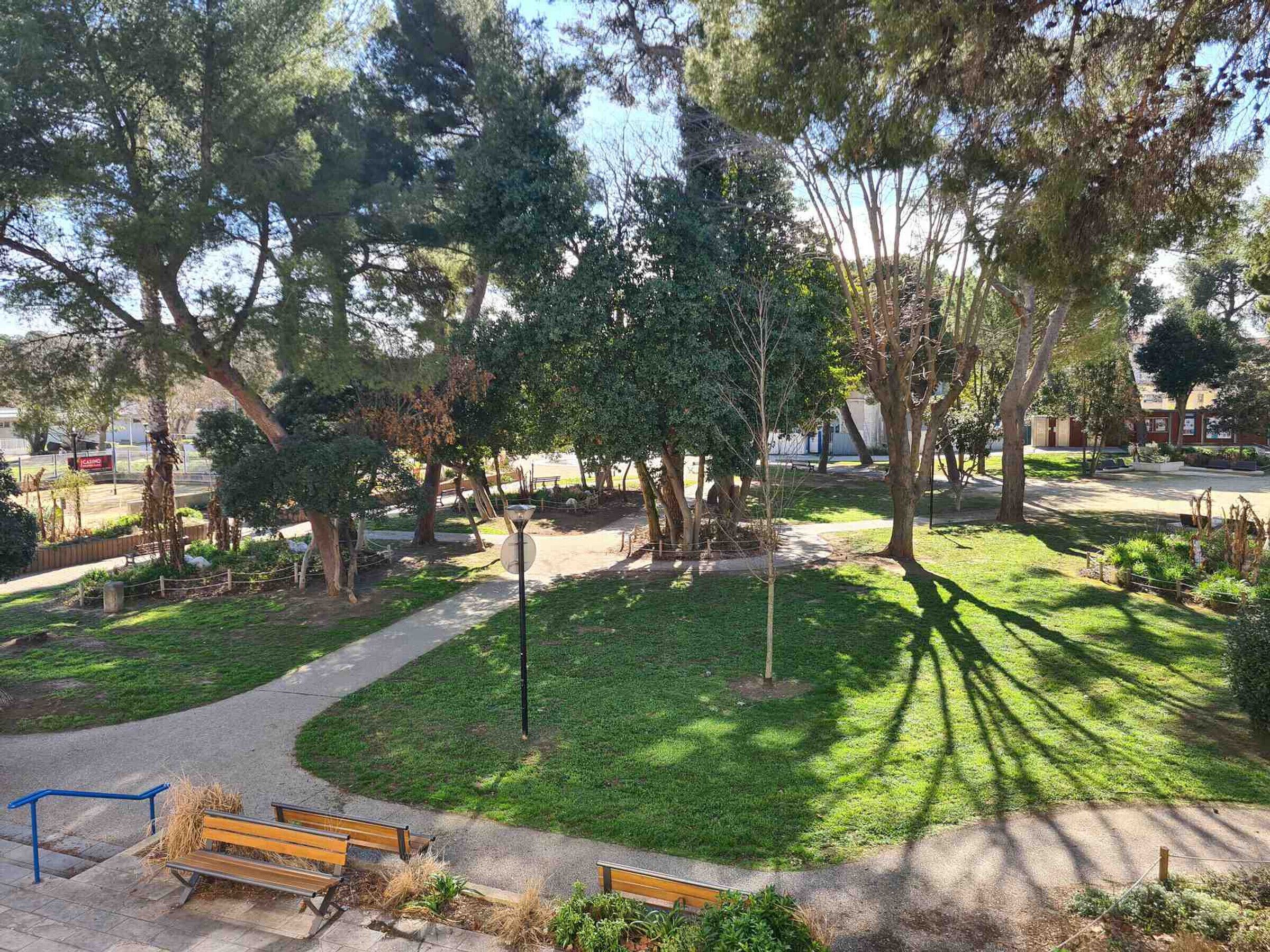 Un parque con bancos, senderos y árboles.