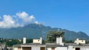 A residential area with houses, a tree, and a mountain in the background. - Spacious city-center studio, pets allowed (Aix-les-Bains)