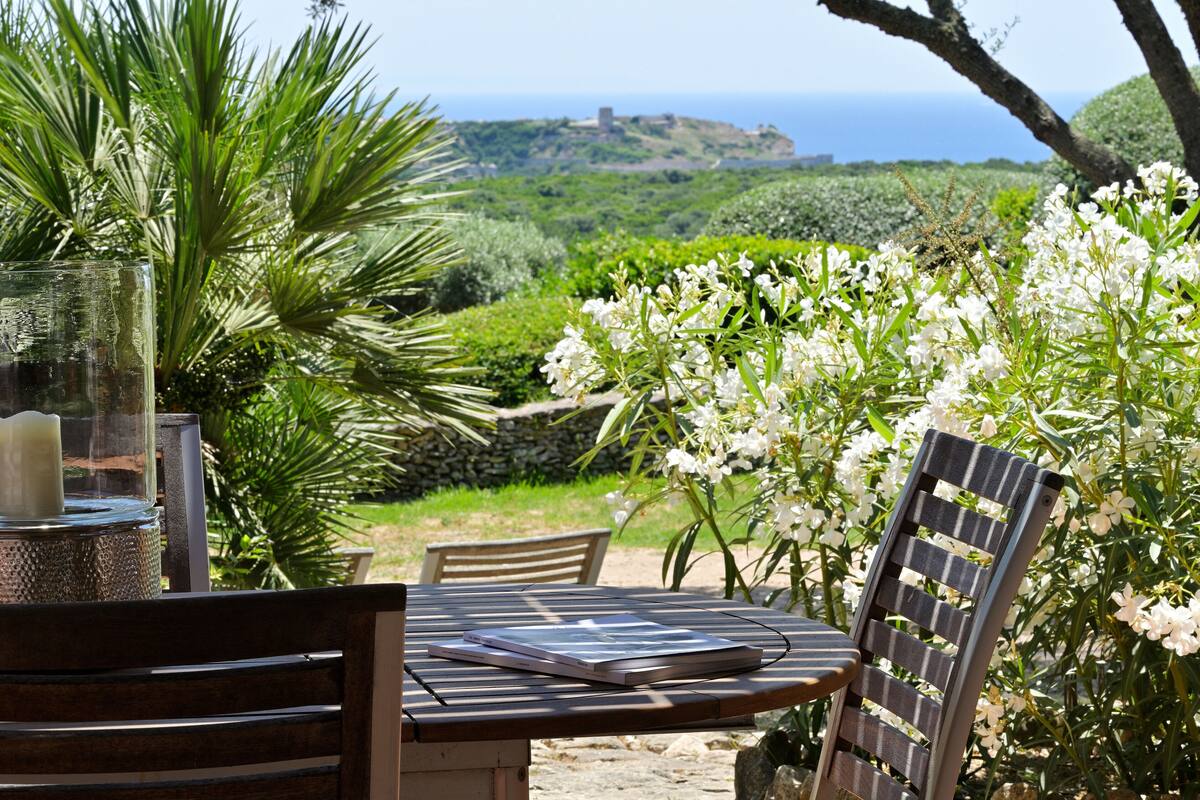 A table with a laptop, a candle, and a glass container, surrounded by chairs and plants, with a view of a coastal landscape.