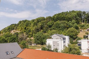 Zona residencial com casas modernas, uma colina coberta por vegetação densa e céu limpo.