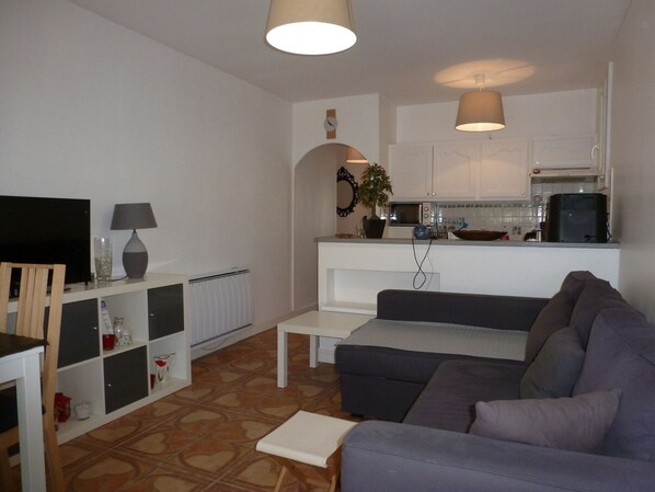 A compact living space with a sofa, a TV, a lamp, a radiator, and a kitchen area with a microwave and a plant.