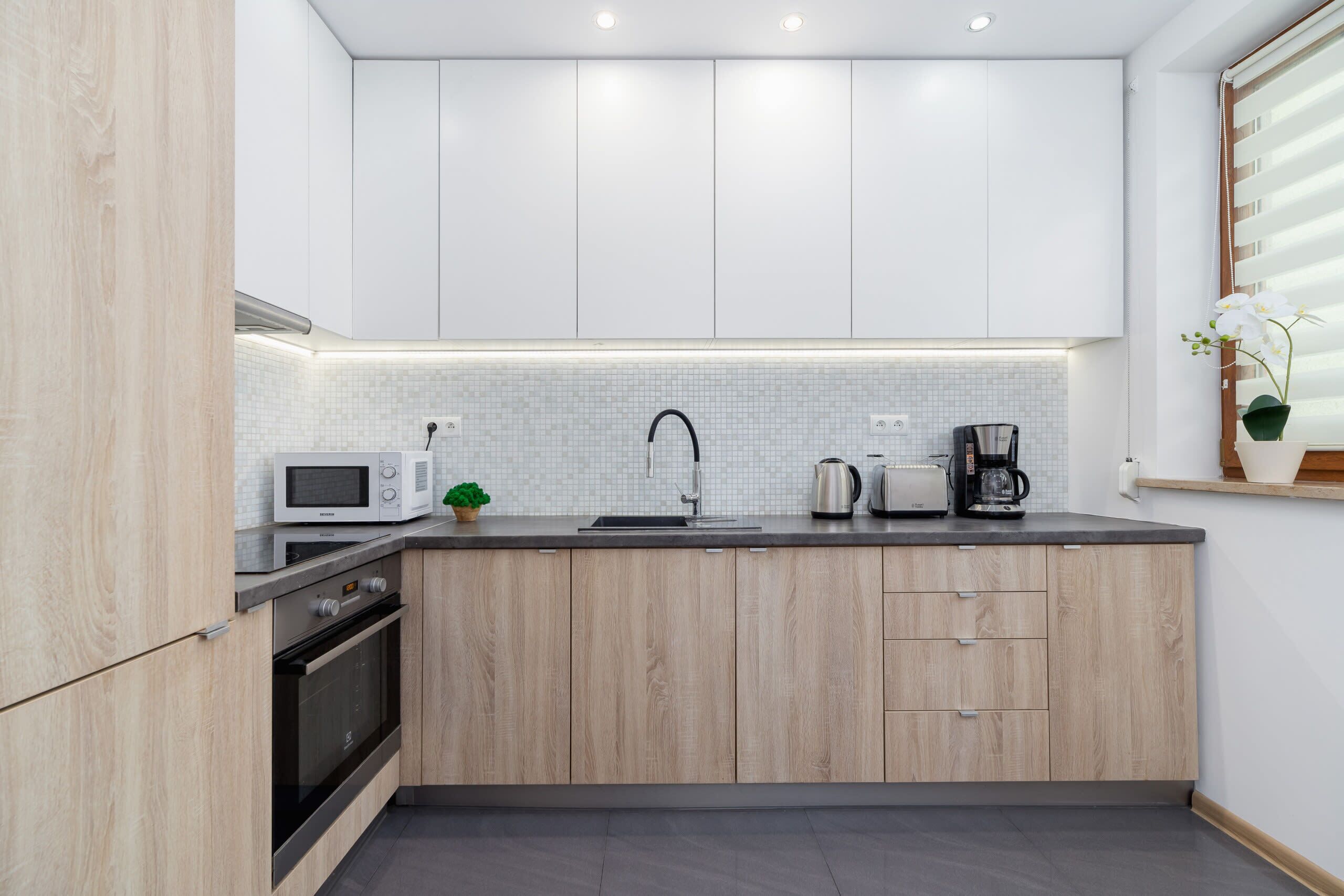 Frigorífico, microondas, horno y placa de cocina