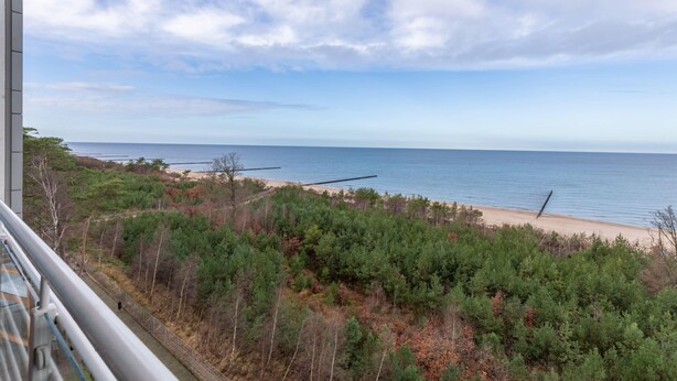 A coastal view from a balcony overlooking a beach with dense greenery and a clear sky. - Seaside Apartment with Sea View | Parking and Balcony (Dziwnówek)