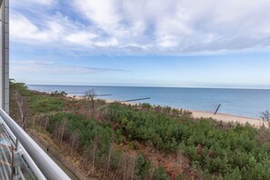Vista costeira de uma varanda com vista para uma praia, vegetação densa e céu claro.