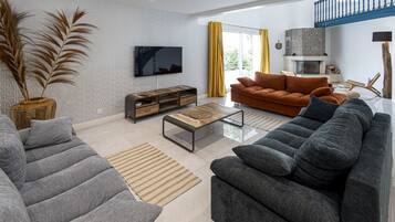 Televisie, een open haard en een tafeltennistafel