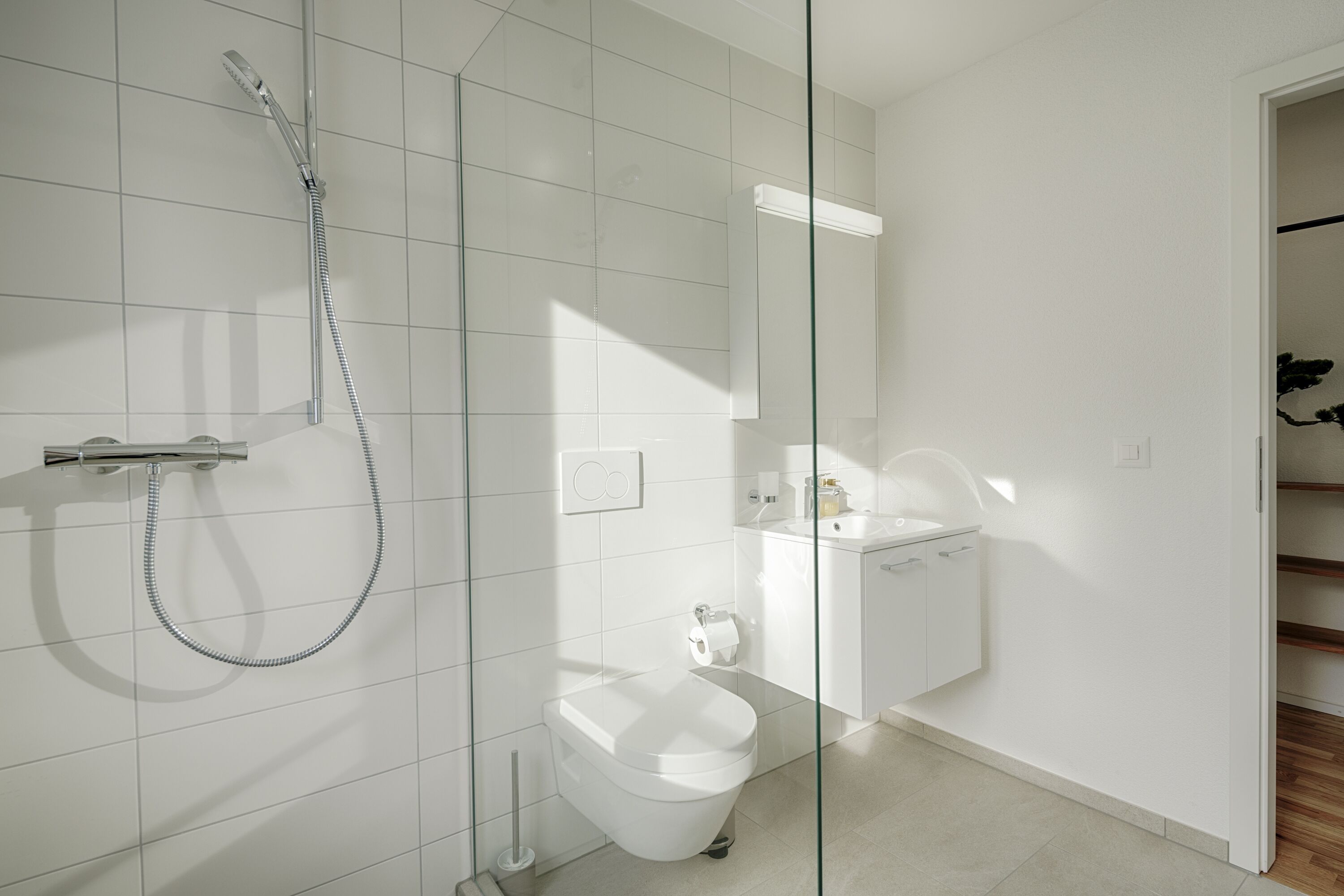 A modern bathroom with a glass shower enclosure, a toilet, and a sink.