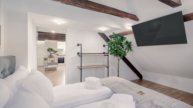 Un dormitorio moderno con una cama, una mesita de noche, una planta y un televisor fijado a la pared.