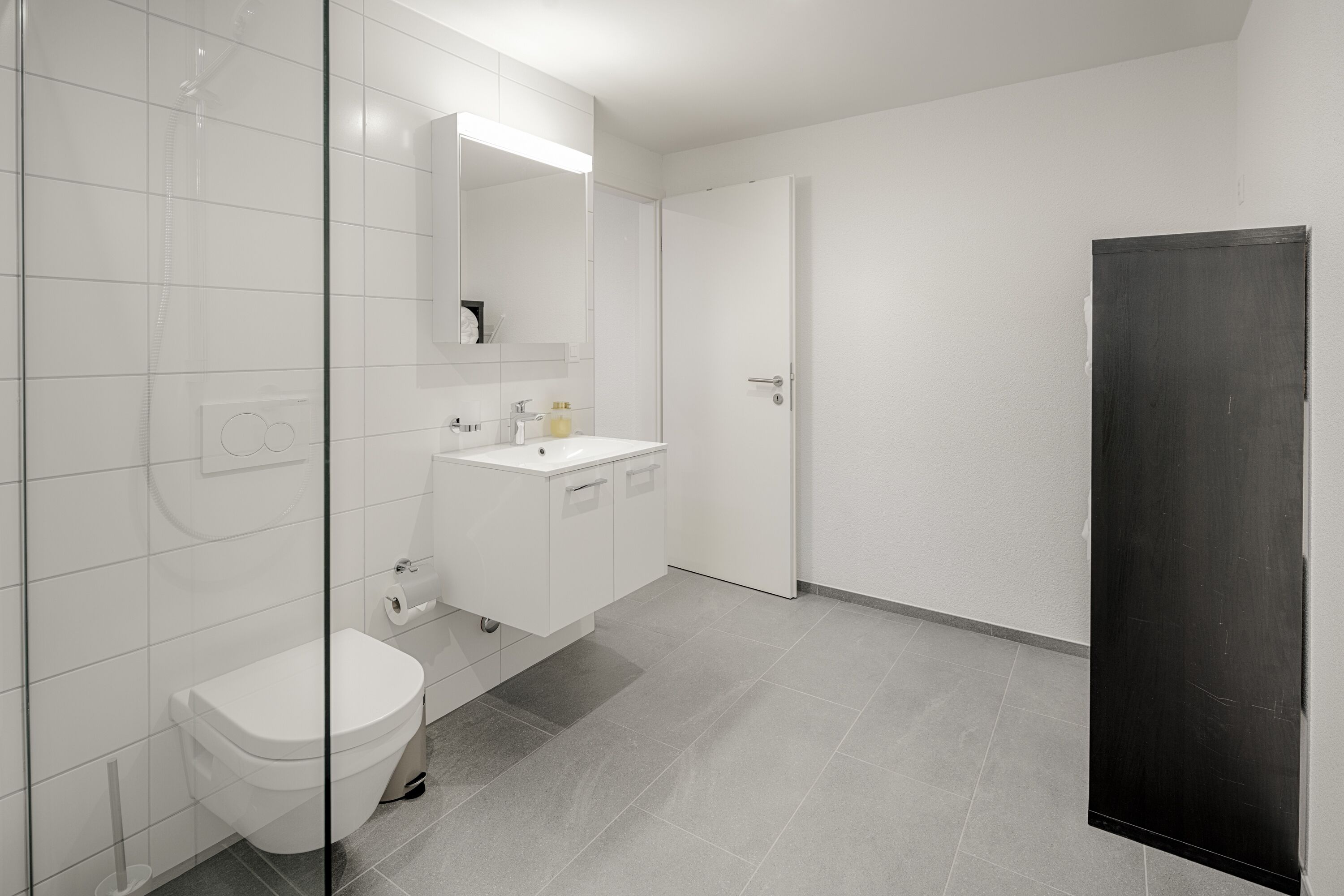 A modern bathroom with a toilet, sink, and shower area.