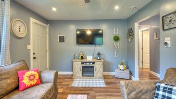 Smart TV, fireplace, books, computer monitors