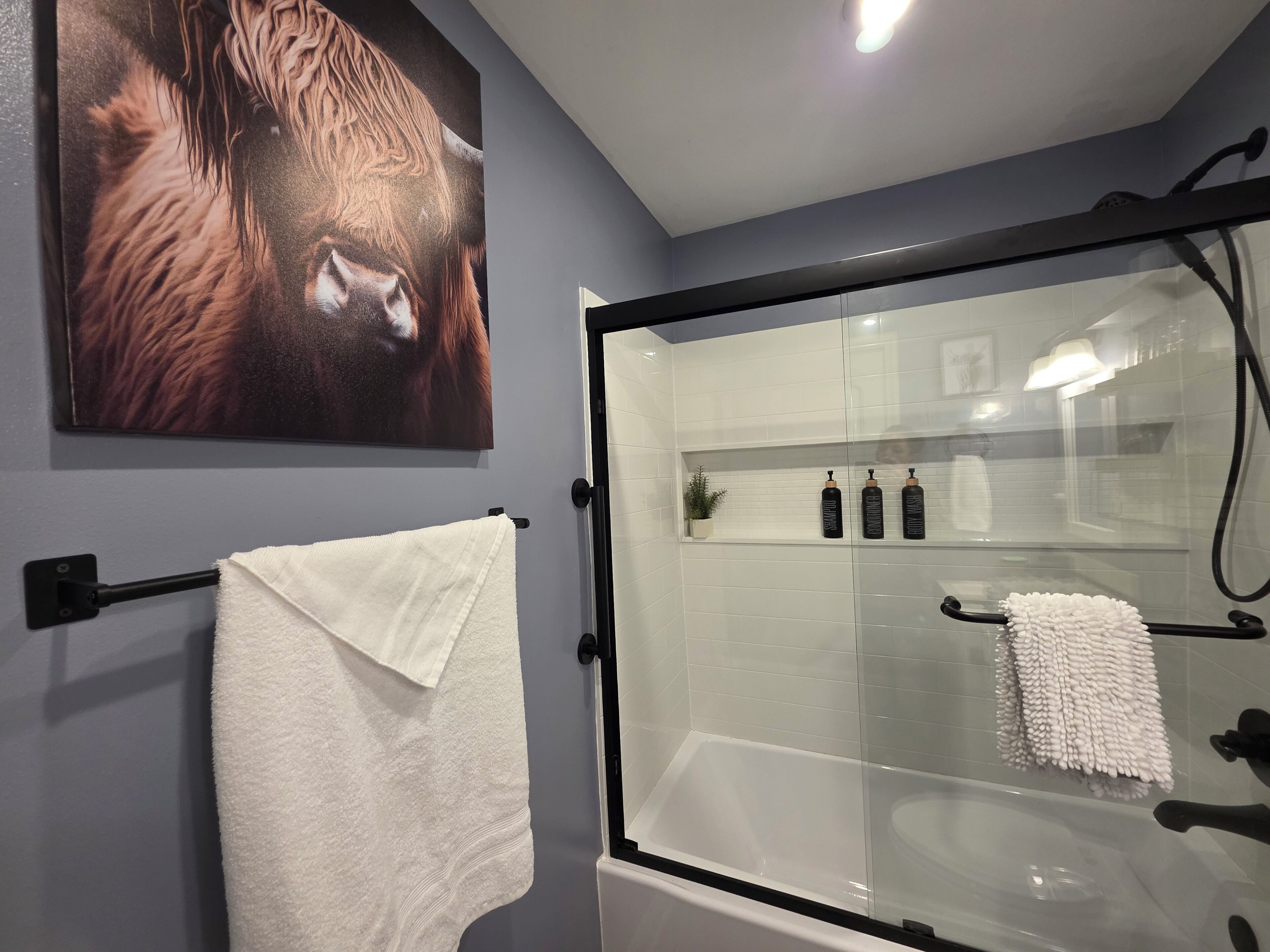 A modern bathroom with a glass-enclosed shower, a white towel on a rack, and a mounted picture of a horse.