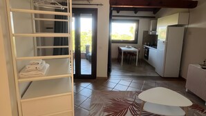 Ett kompakt bostadsutrymme med ett litet kök, en matplats och ett förvaringsskåp med plats för upphängda kläder.