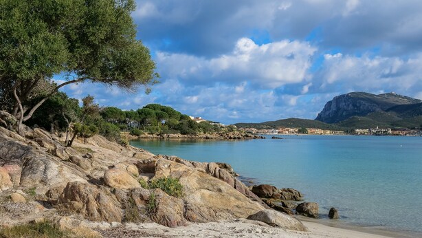 Un paisaje costero con terreno rocoso, una playa de arena y un mar azul cristalino.