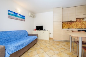 Un espace de vie compact comprenant un canapé, une kitchenette et un téléviseur à écran plat.