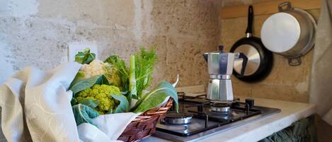 Fridge, microwave, stovetop, coffee/tea maker