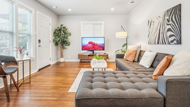 Un salon moderne avec un grand canapé gris, un téléviseur à écran plat et une plante en pot.