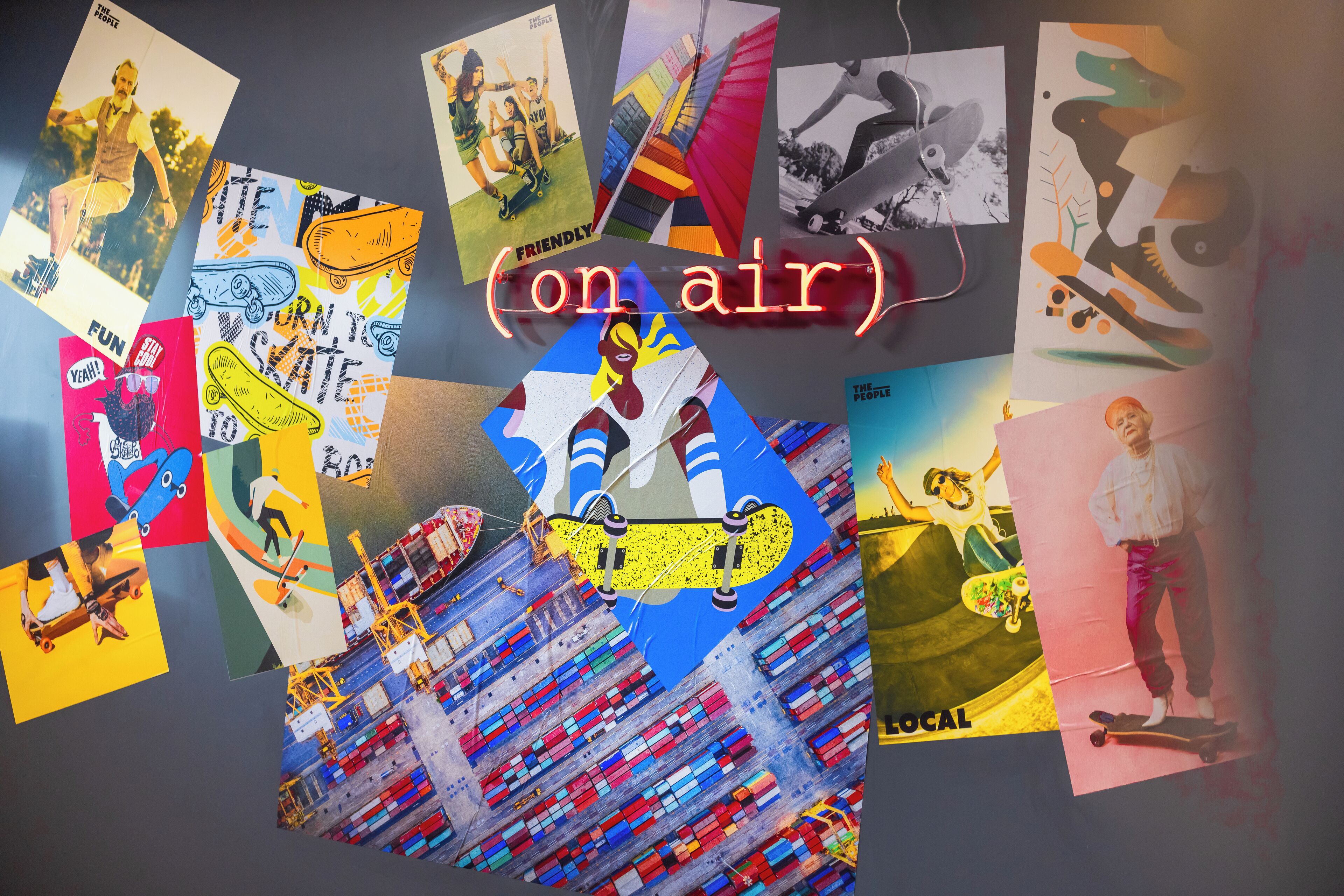 A collage of various skateboard-related images and the text "(on air)".