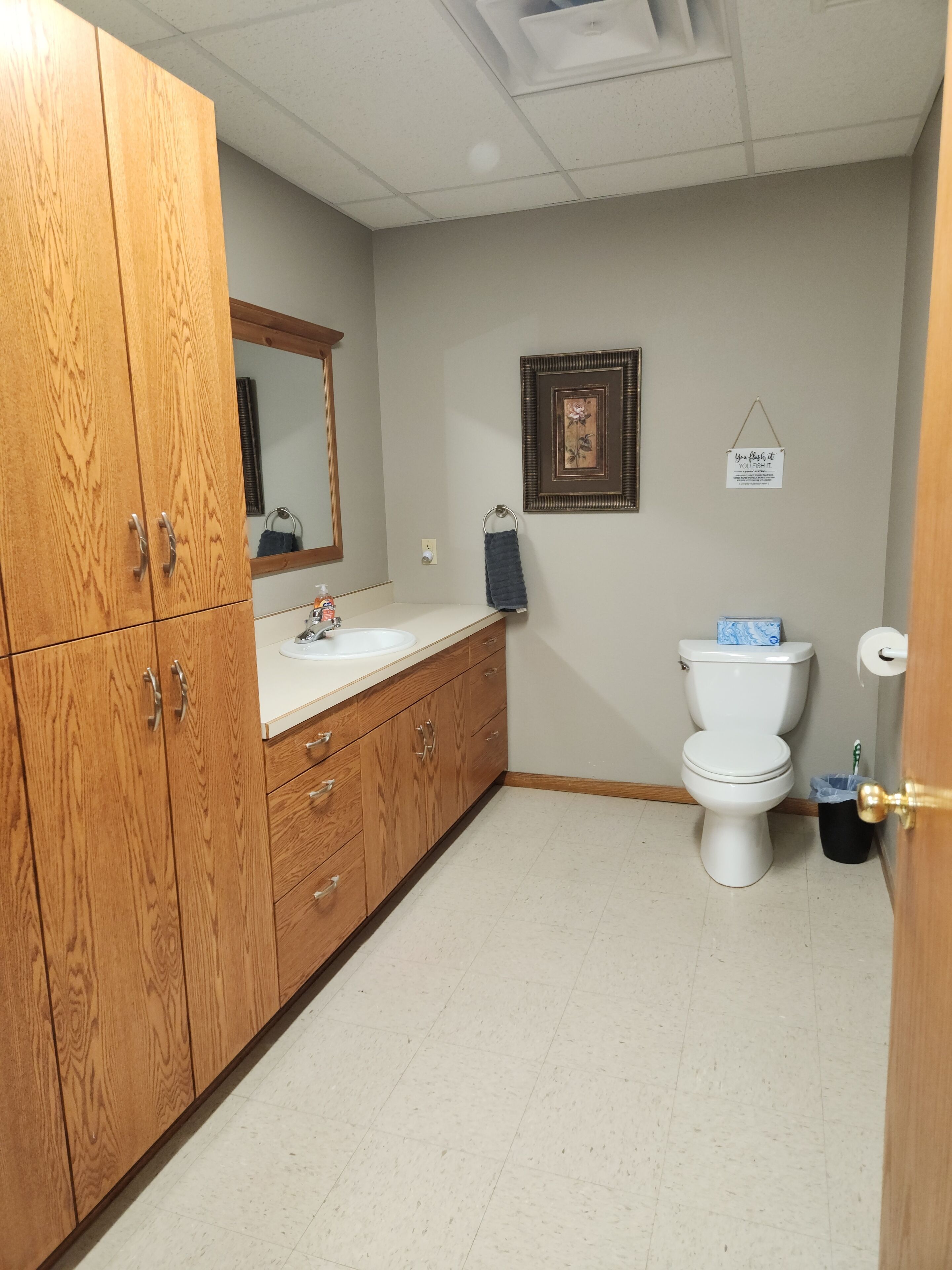 A bathroom with a wooden vanity, a toilet, a mirror, and a framed picture on the wall.