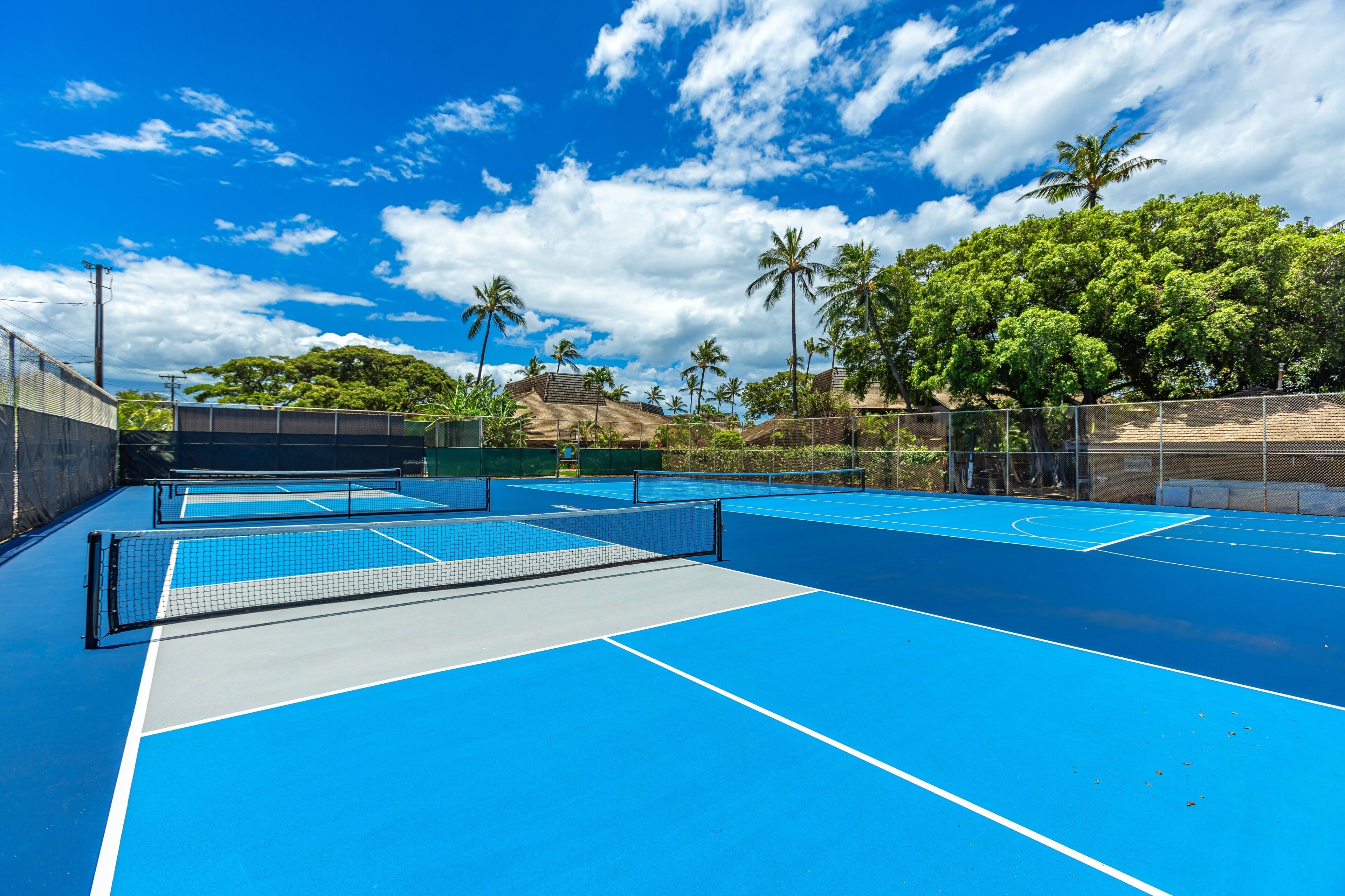 An outdoor tennis court with a net, surrounded by trees and a clear sky.