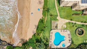 Vista aérea de una propiedad frente a la playa con piscina, palmeras y un edificio con paneles solares.