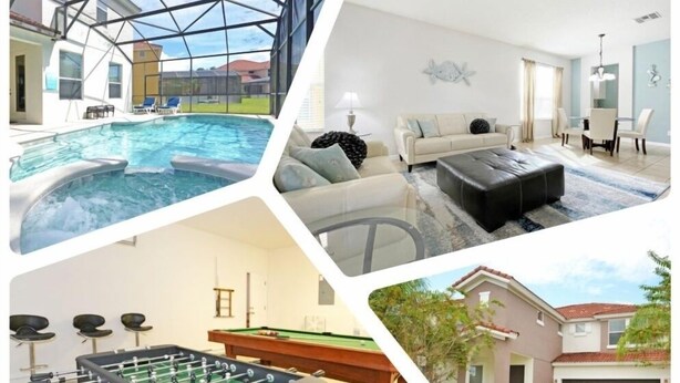 Una piscina con cerramiento de vidrio, un salón con sofá y mesa de centro, una mesa de futbolín, y una casa con garaje.