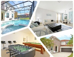 Une piscine entourée de parois en verre, un salon avec un canapé et une table basse, une table de baby-foot et une maison avec un garage.