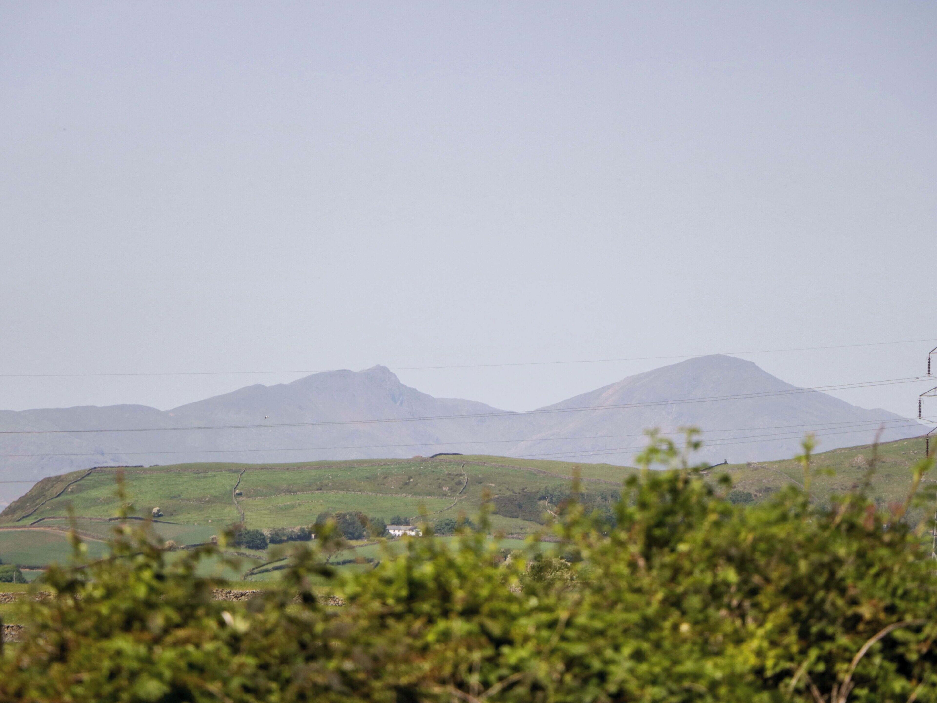 Ländliche Landschaft mit sanften Hügeln und einem Berg in der Ferne.