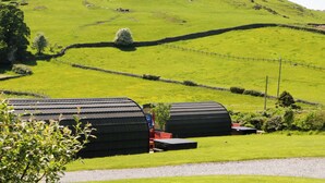 A rural landscape with rolling hills, a stone wall, and a building with a green roof. - Cherry (Ulverston)