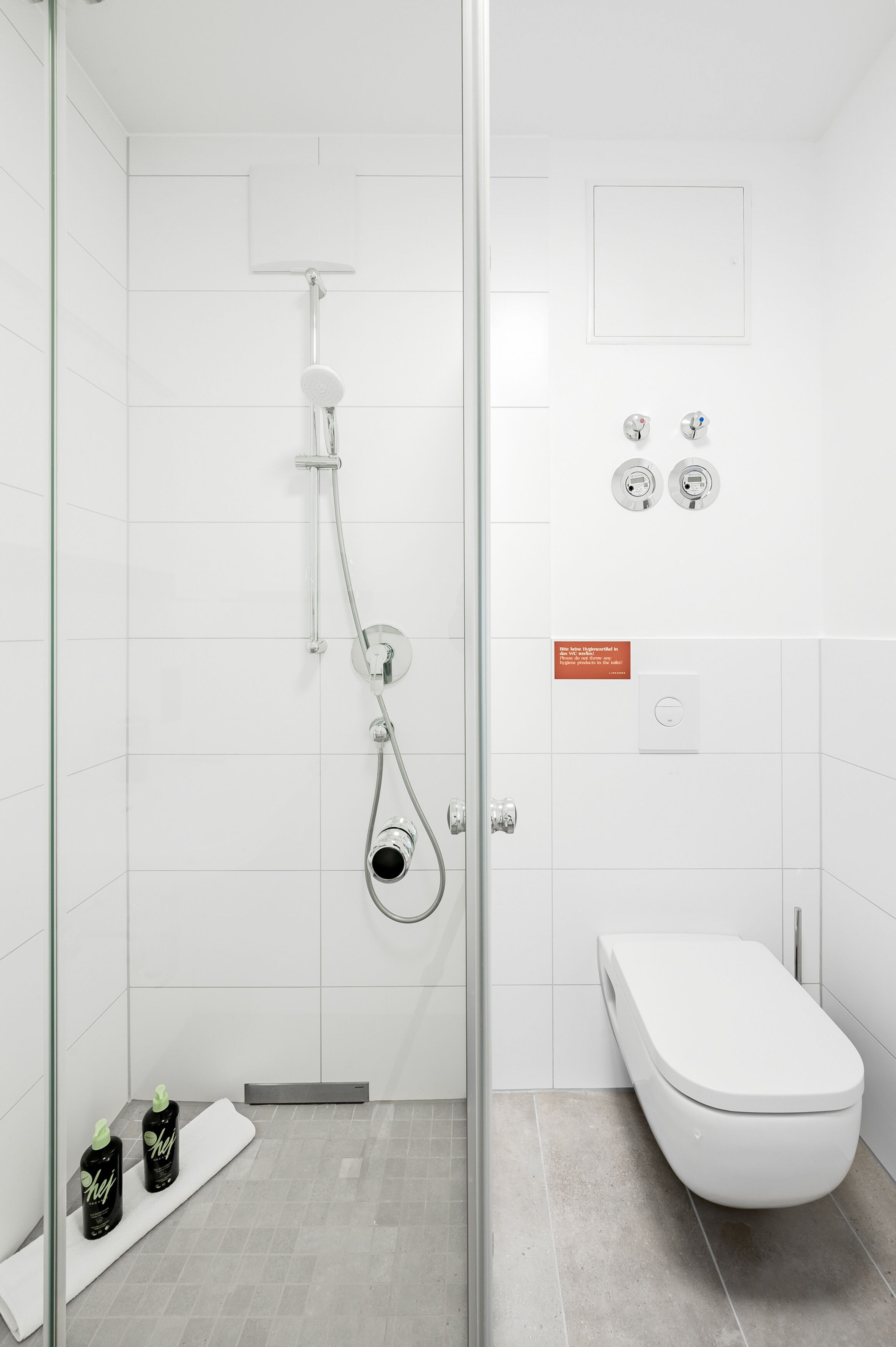 A modern bathroom with a glass shower enclosure, a white toilet, and a sink.