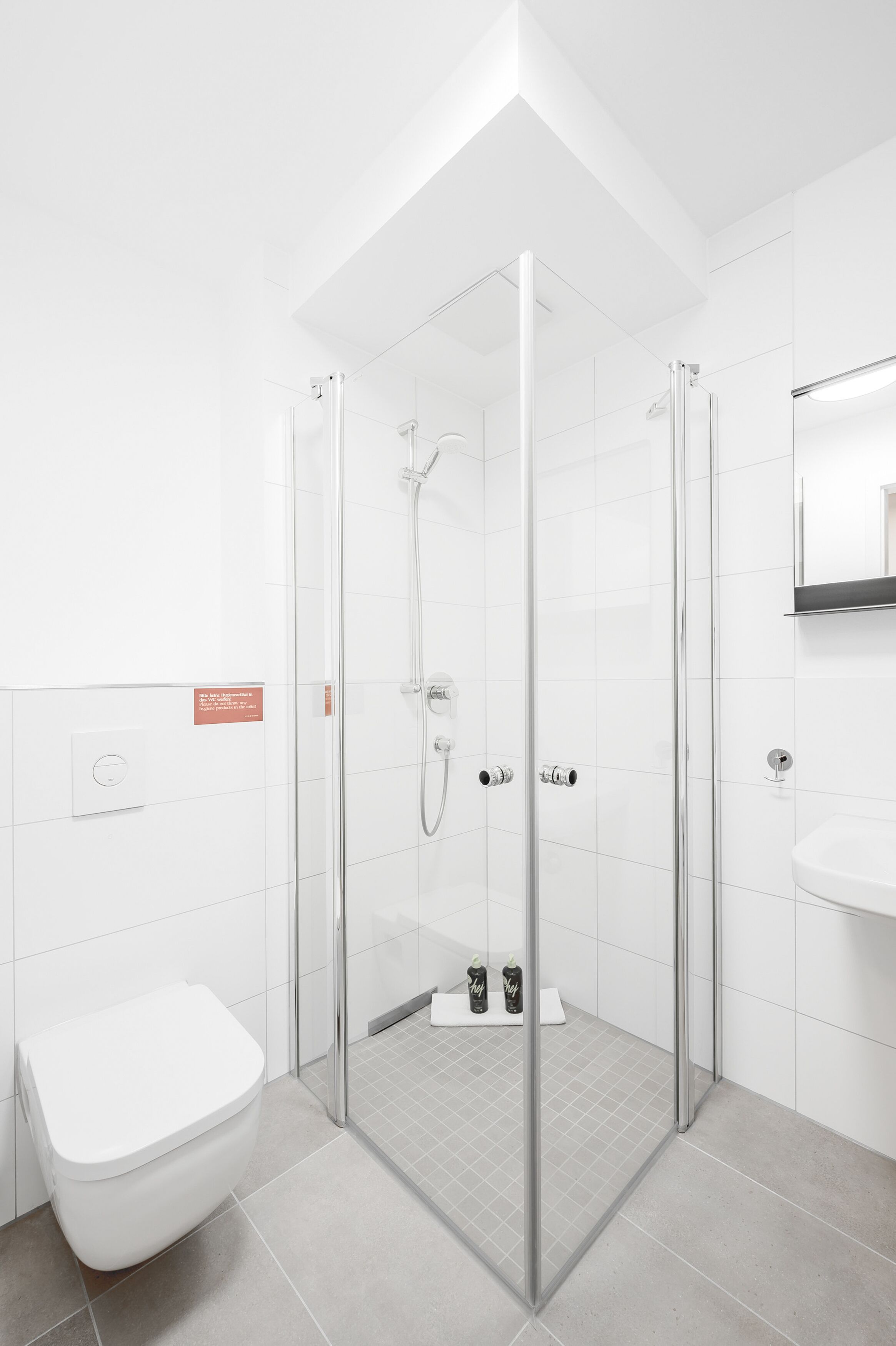Ein modernes Badezimmer mit einer Duschkabine, einer weißen Toilette und einem Waschbecken.