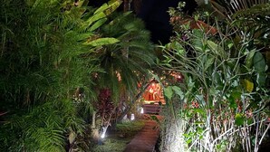 A nighttime garden pathway leading to a building with a warm light. - White Beach Jungle Villa and Private Pool, National Park Cahuita (Cahuita)