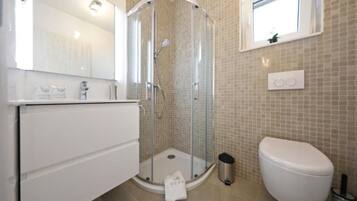 A modern bathroom with a glass-enclosed shower, a white toilet, and a sink with a mirror.