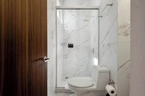 Dusche, Haartrockner, Handtücher, Shampoo