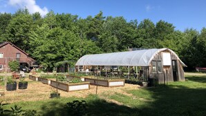 A greenhouse with a large roof, surrounded by raised garden beds and a wooden structure. - Nature Retreat, Pet Friendly Cozy Cabin On 80 Acres With Fields & Forrest Trails (Fort Edward)