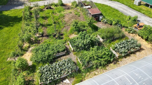 An aerial view of a rural property with a large garden, wooden structures, and a gravel path. - Nature Retreat, Pet Friendly Cozy Cabin On 80 Acres With Fields & Forrest Trails (Fort Edward)