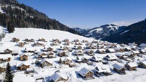 A snow-covered village with wooden cabins, surrounded by mountains and trees.