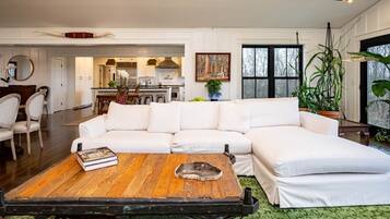 TV connectée, cheminée, livres, écrans d'ordinateur