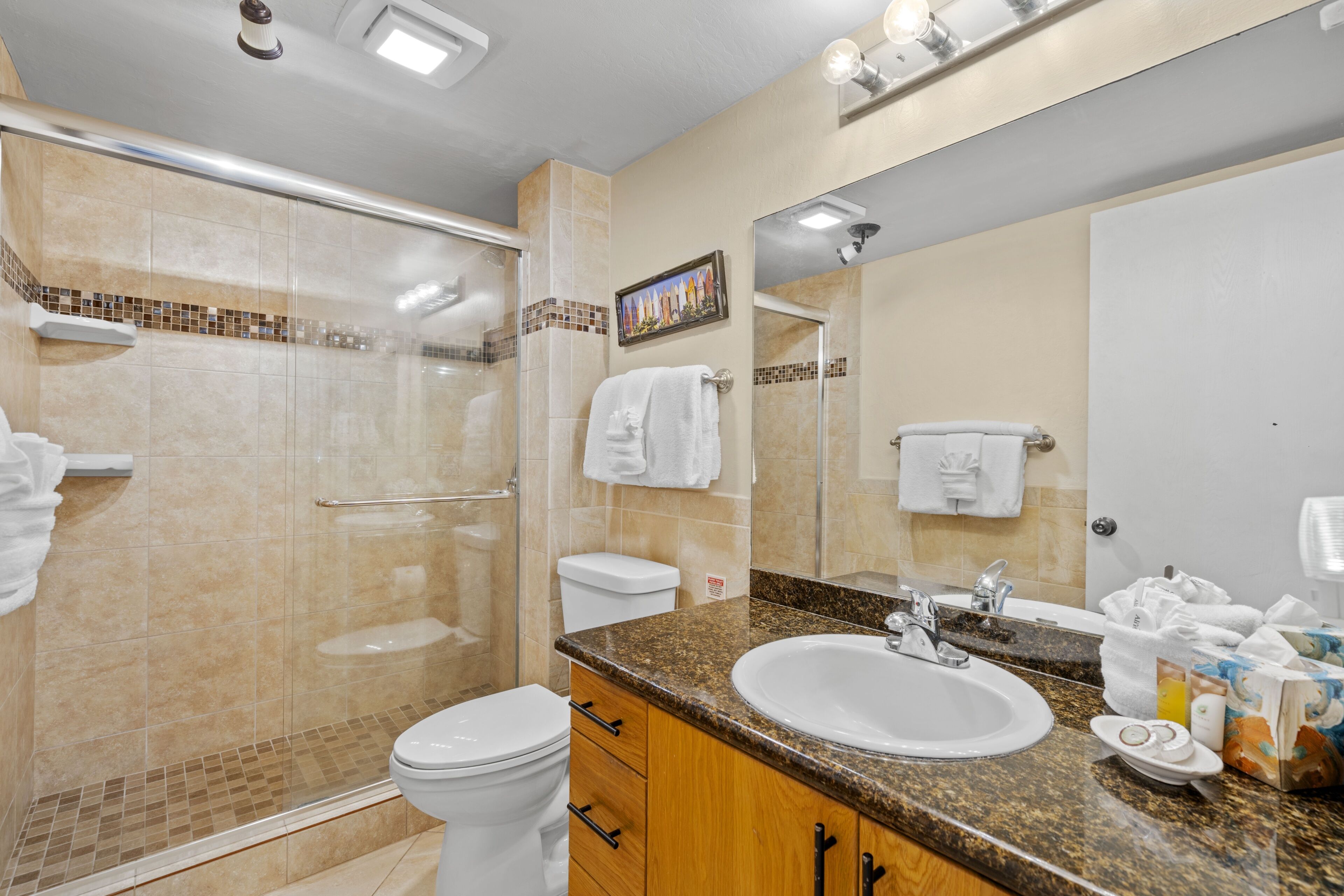 Un baño moderno con ducha, inodoro, lavamanos y tocador.