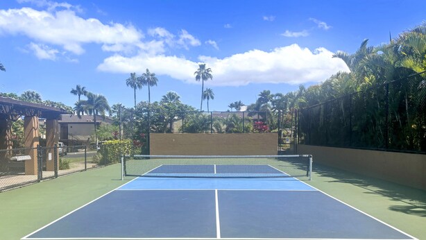 En udendørs tennisbane med net, omgivet af palmer og en klar himmel.