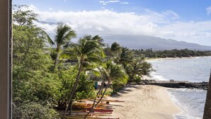 A beach with boats and palm trees.