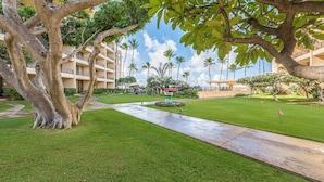 A well-maintained lawn with a central pathway leading to a building with multiple balconies. - Sugar Beach Resort, #319 1 Bedroom Condo by RedAwning (Kihei)