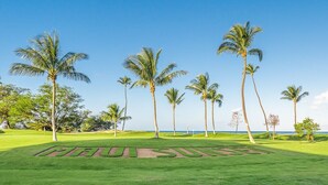 Un campo de golf con la palabra "MALIBU" en el centro, rodeado de palmeras y un cielo azul despejado.