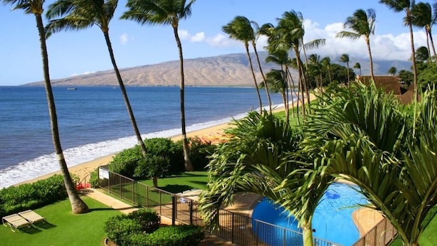 Zona de piscina con palmeras, vista al mar y una montaña al fondo.