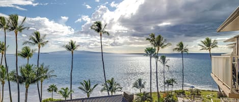 A resort with a pool, lounge chairs, and palm trees overlooking the ocean.