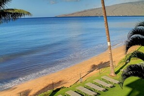 A beach with a clear view of the ocean, a sandy shore, and a row of sun loungers. - Kihei Beach, #307 1 Bedroom Condo by RedAwning (Kihei)