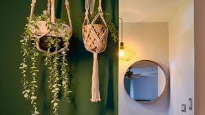 A green wall with two macramé plant hangers, a round mirror, and a modern bathroom sink. - Catalina Tropical Lodge (Cabrera)