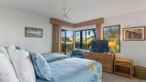 A hotel room with two beds, a television, a desk with a lamp, and a view of the outdoors. - Wailea Elua, #1503 2 Bedroom Condo by RedAwning (Kihei)
