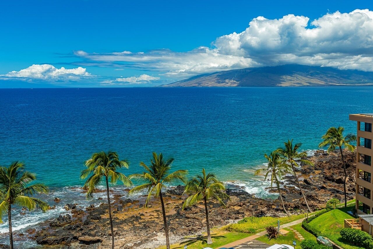 A coastal view with a rocky shoreline, palm trees, and a building with a view of the ocean and a mountain in the background.