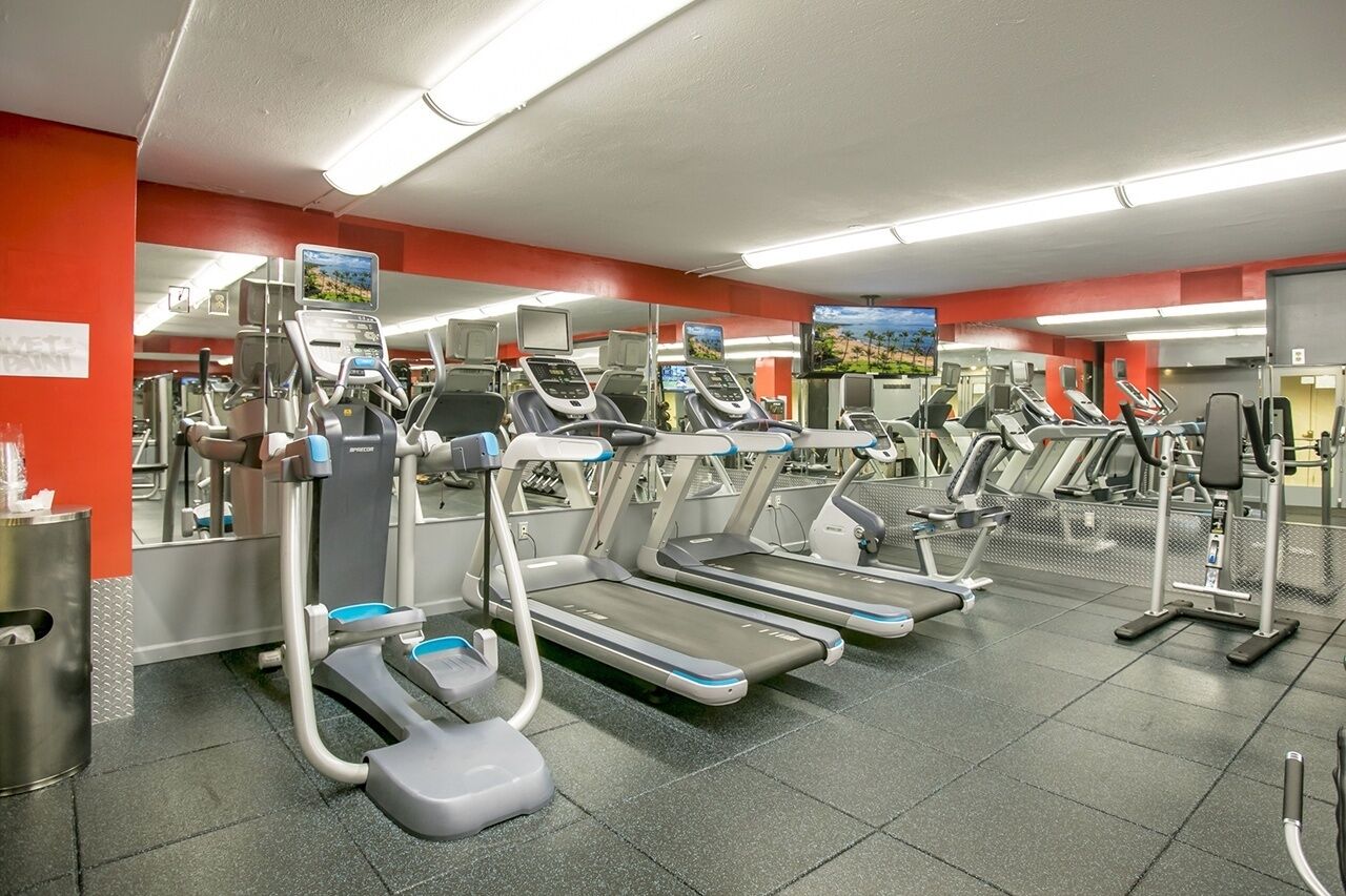 Un gimnasio con cintas de correr, elípticas y equipamiento de ejercicio.