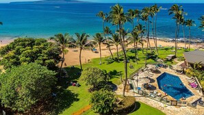 Un complexe hôtelier doté d’une piscine, de palmiers et offrant une vue sur la plage.